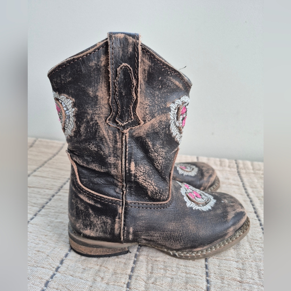 Roper Leather Cowboy Boots Size 8 Little Kids Brown With Pink Flowers